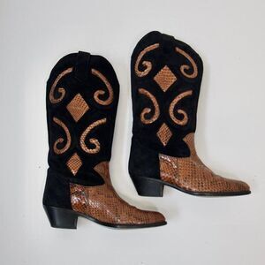 Nando Muzi Black Snakeskin Suede Leather Cowboy Boots Italian Sz 7/38 Vi…